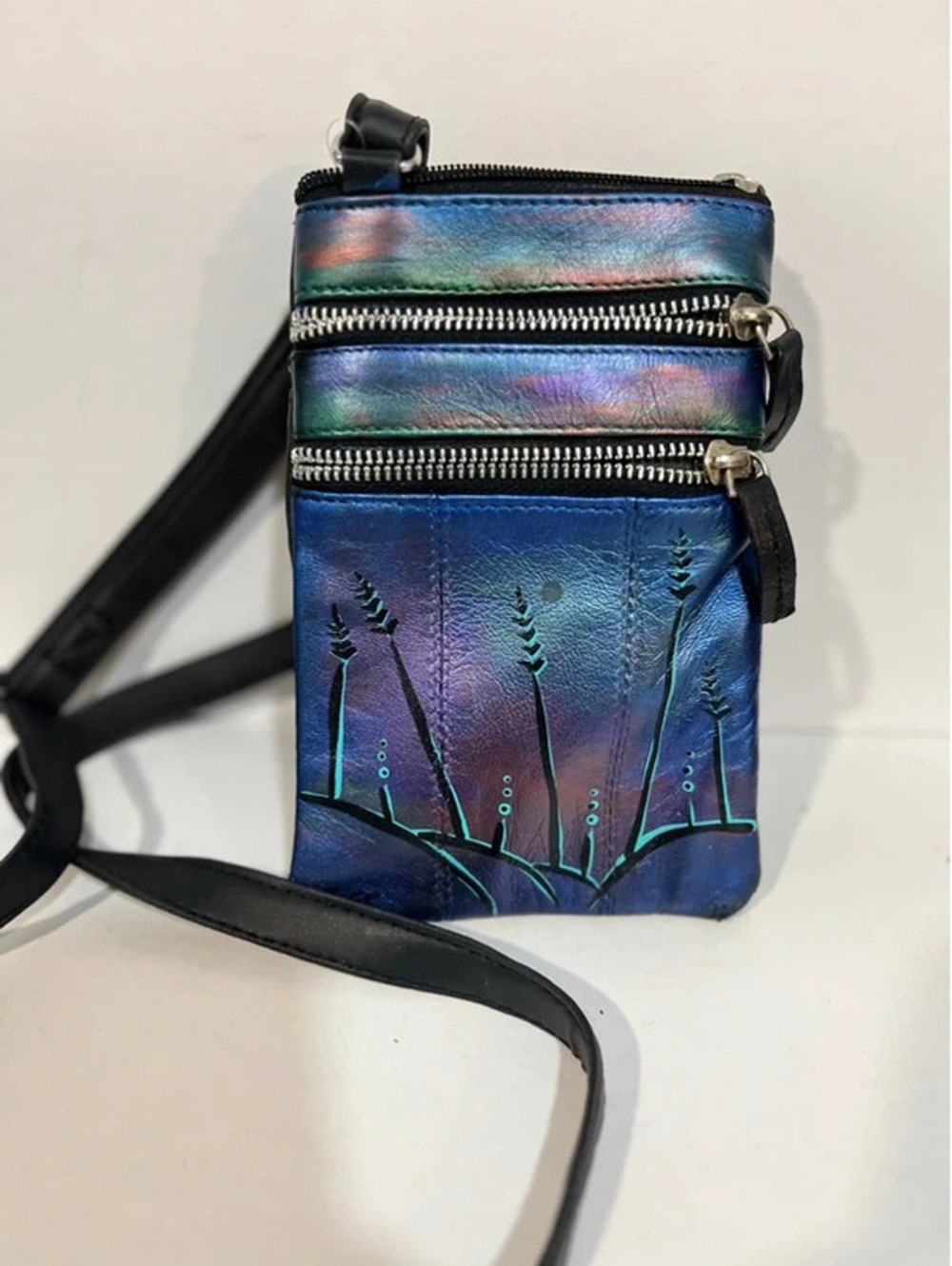 Vintage Sues Handpainted Crossbody Bag Purse Signed Metallic Blue 7”